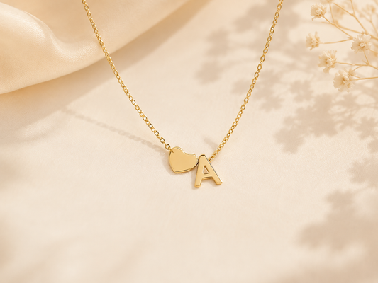 Gold delicate heart initial necklace with letter A charm