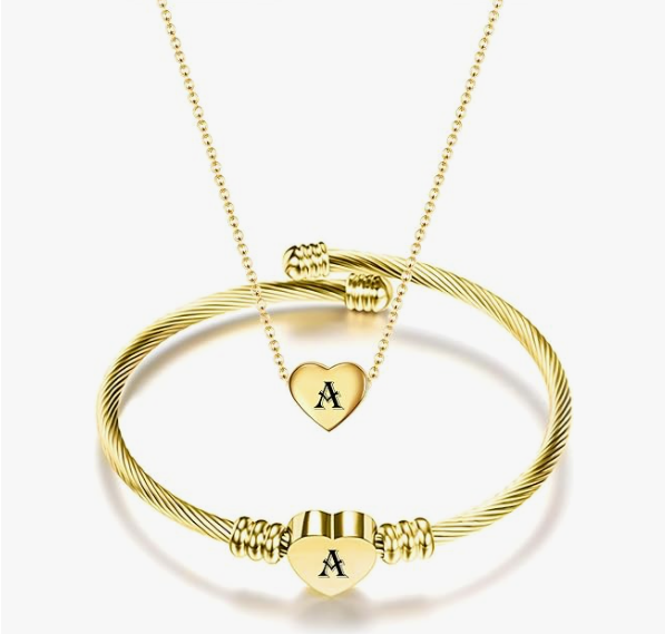 Gold initial heart necklace and bracelet set for women
