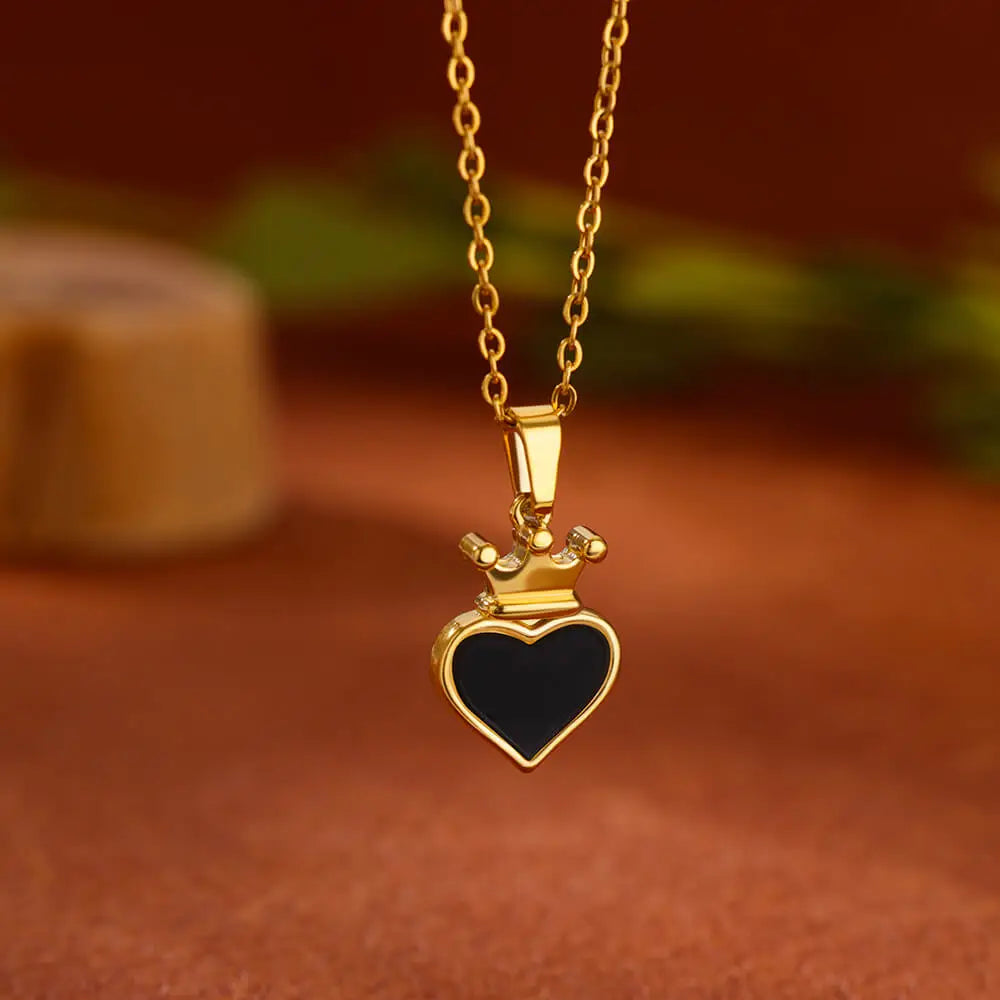 Queen Crown Heart Necklace Black