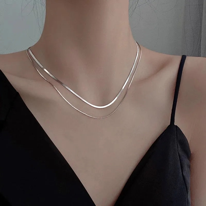 Sterling Silver Double Layered Chain Snake Necklace