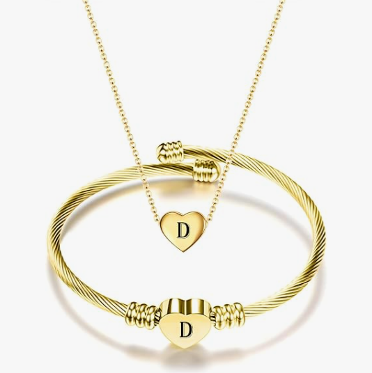Gold Initial Heart Bracelet & Necklace Set for Women