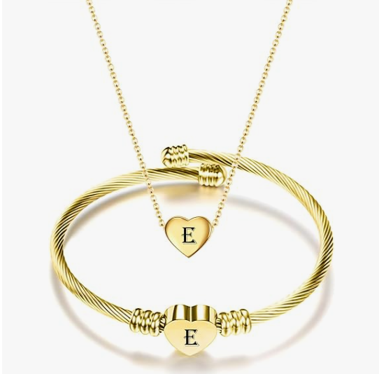 Gold Initial Heart Bracelet & Necklace Set for Women
