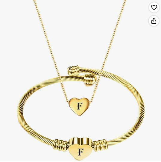 Gold Initial Heart Bracelet & Necklace Set for Women