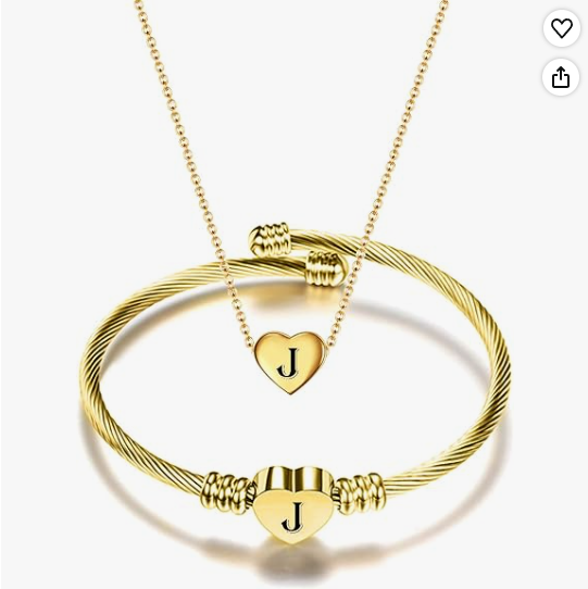 Gold Initial Heart Bracelet & Necklace Set for Women