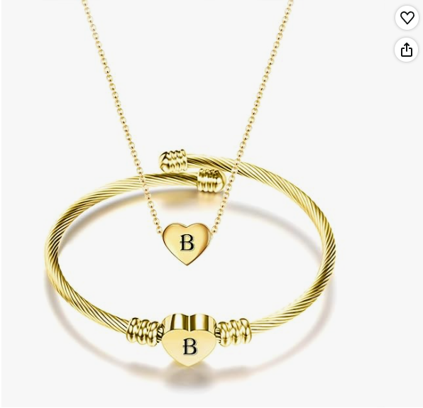Gold Initial Heart Bracelet & Necklace Set for Women