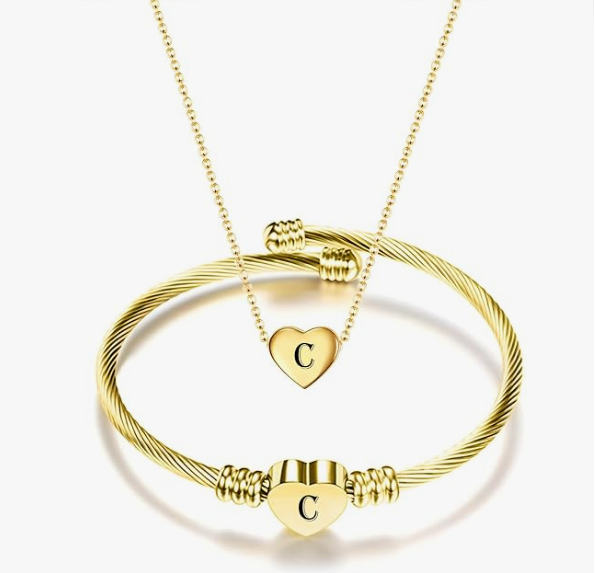 Gold Initial Heart Bracelet & Necklace Set for Women