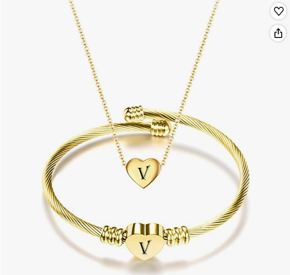 Gold Initial Heart Bracelet & Necklace Set for Women