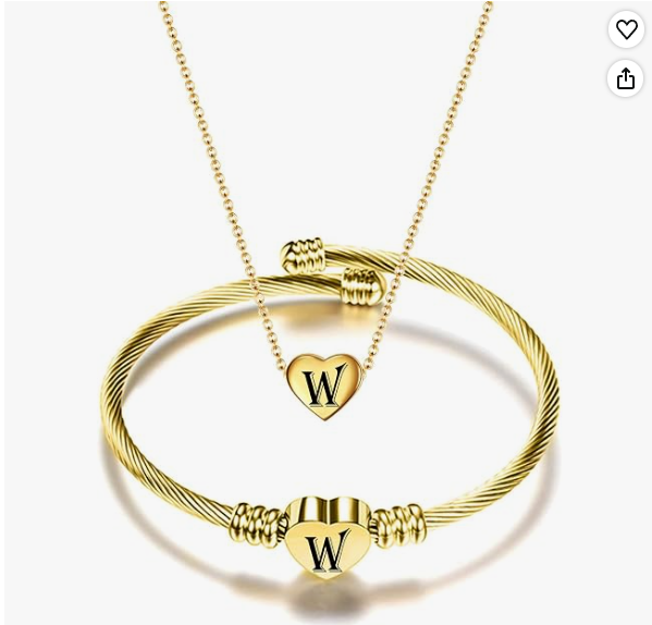 Gold Initial Heart Bracelet & Necklace Set for Women