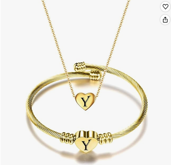 Gold Initial Heart Bracelet & Necklace Set for Women