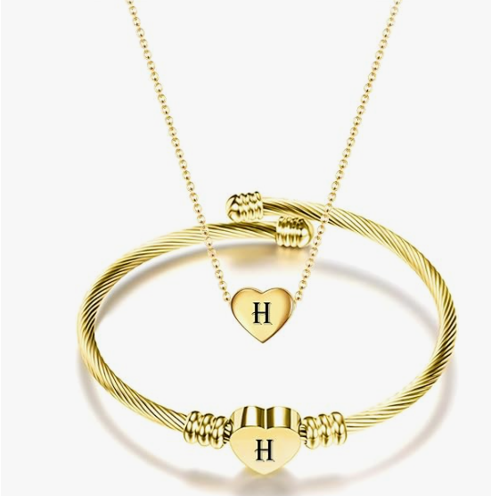 Gold Initial Heart Bracelet & Necklace Set for Women