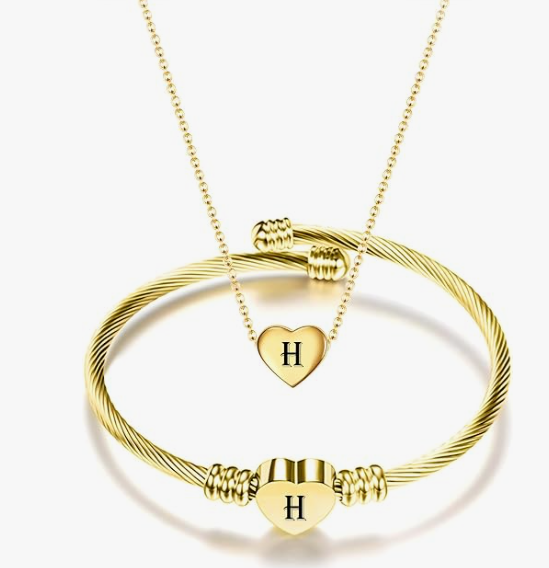 Gold Initial Heart Bracelet & Necklace Set for Women