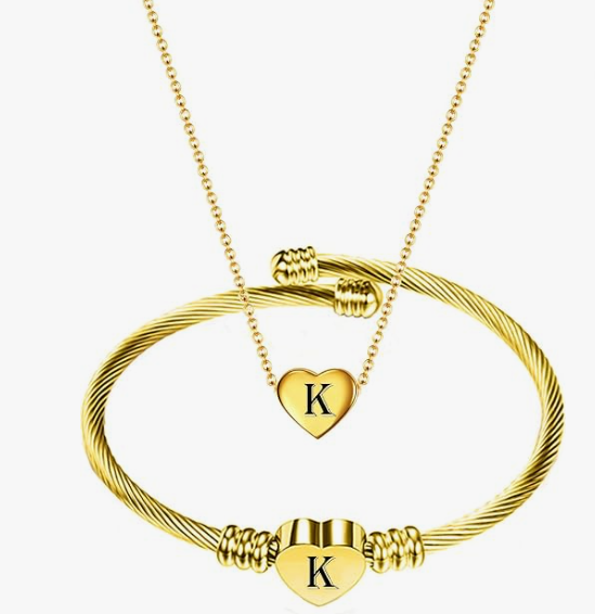 Gold Initial Heart Bracelet & Necklace Set for Women