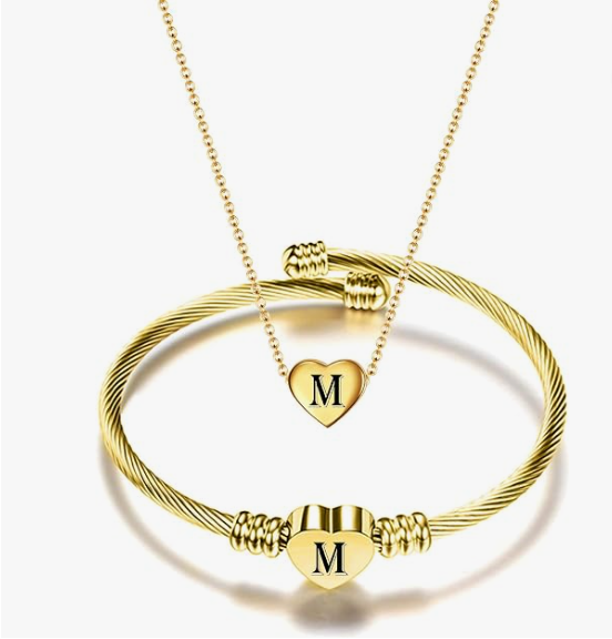 Gold Initial Heart Bracelet & Necklace Set for Women