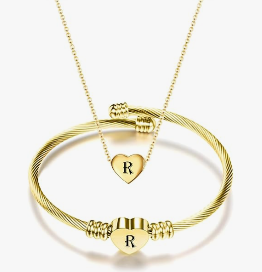 Gold Initial Heart Bracelet & Necklace Set for Women