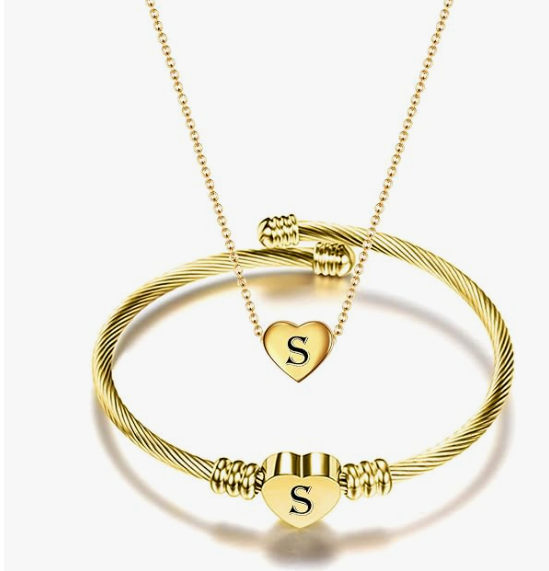 Gold Initial Heart Bracelet & Necklace Set for Women