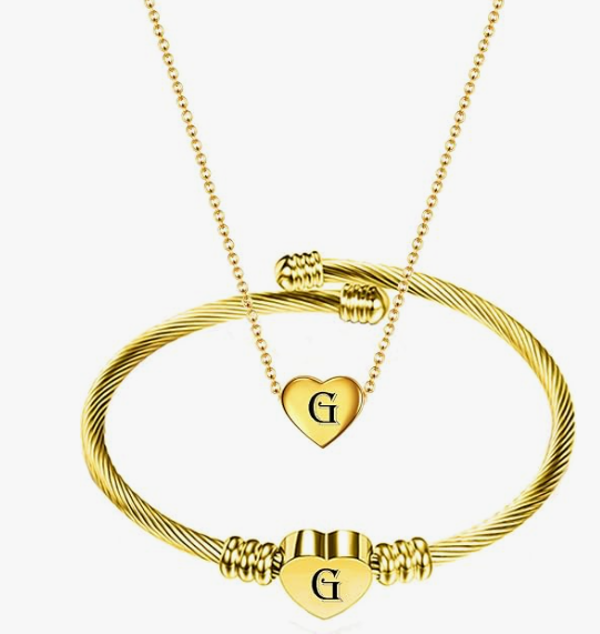 Gold Initial Heart Bracelet & Necklace Set for Women