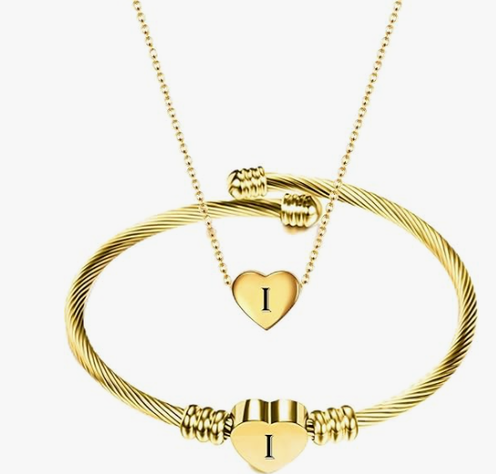Gold Initial Heart Bracelet & Necklace Set for Women