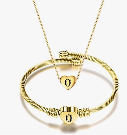 Gold Initial Heart Bracelet & Necklace Set for Women