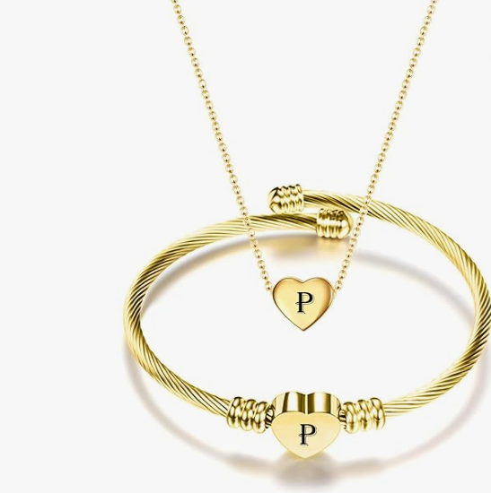 Gold Initial Heart Bracelet & Necklace Set for Women