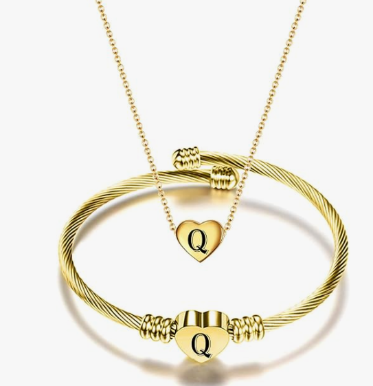 Gold Initial Heart Bracelet & Necklace Set for Women