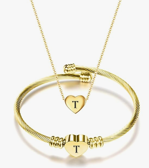 Gold Initial Heart Bracelet & Necklace Set for Women