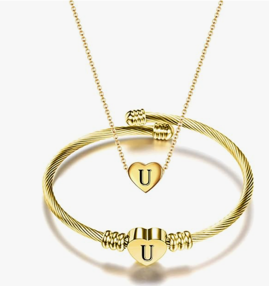 Gold Initial Heart Bracelet & Necklace Set for Women