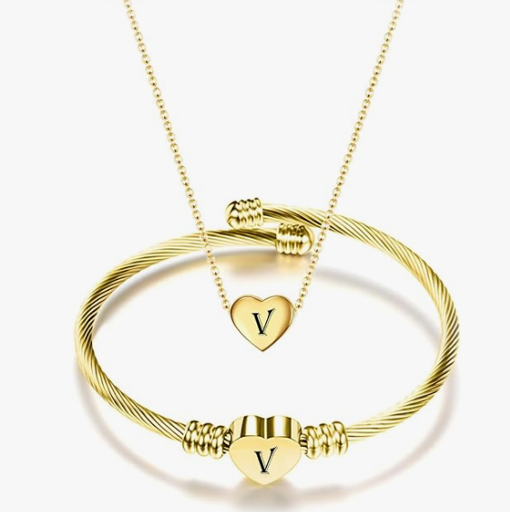Gold Initial Heart Bracelet & Necklace Set for Women