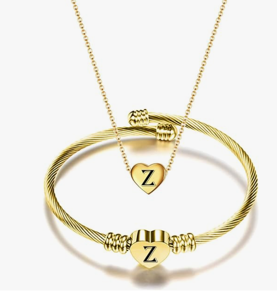 Gold Initial Heart Bracelet & Necklace Set for Women