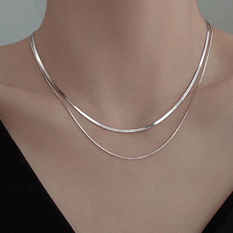 Sterling Silver Double Layered Chain Snake Necklace