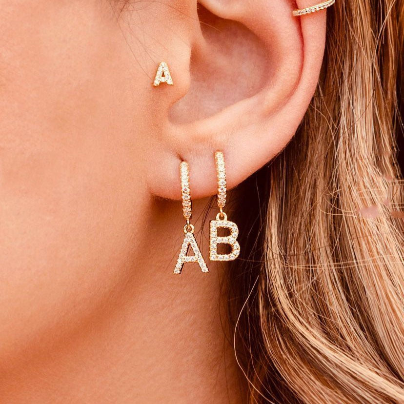 Crystal Initial Letter Huggie Earrings